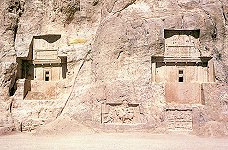 A view of the cliff
 at Naqsh-e Rustam, showing the tombs of Artaxerxes I and Darius