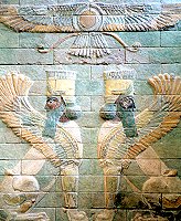A Pair of winged human-headed lions beneath a winged disk, from the Palace of Darius at Susa.