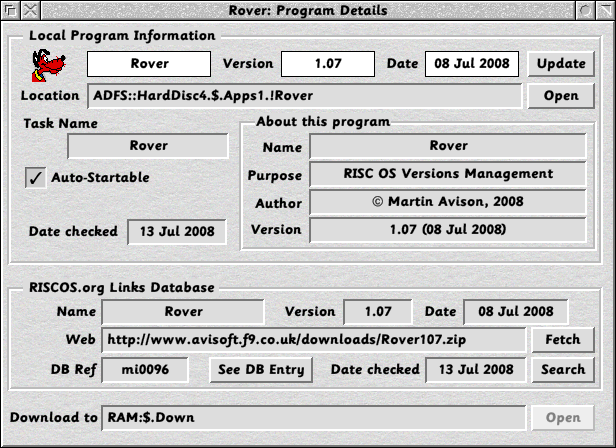 Rover Program Details Window