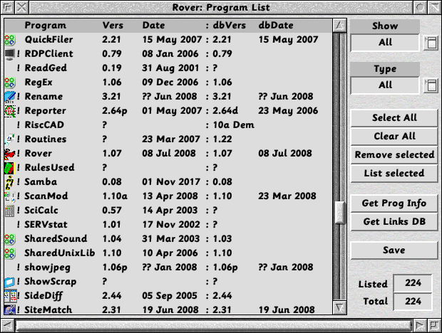 Rover Program List Window
