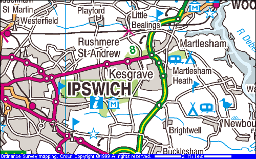 Map of the locality; RAF Woodbridge is in the top right hand corner