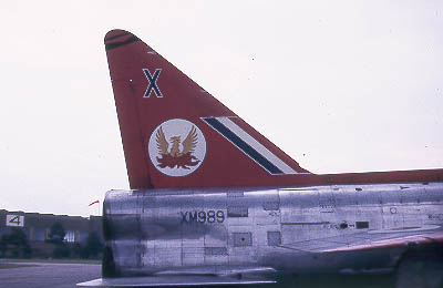 Firebird tail of T4 XM989. First flown 30 August 1961, she was delivered to 56 during September 1962. Later selected by BAC for the Saudi Arabian contract, she left for the Middle East on 6 April 1966 as a T54, serial 54-650.