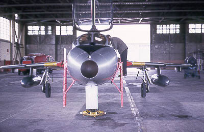 Hunter T7 in a hangar at Wattisham, 1965