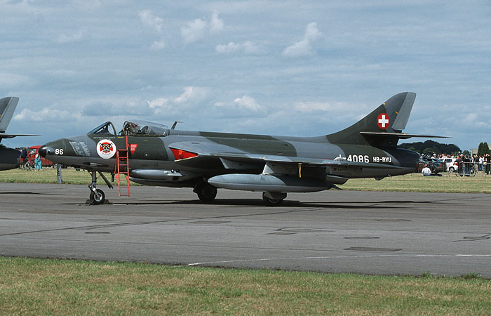 A fine example of an Hunter F58 variant, the Crossair Flying Club's J-4086/HB-RVU made its first UK appearance at the show flying in from Basel, Switzerland. The aircraft carries the markings of its last operator, 5 eme/5 Staffel and as well as the full colour squadron badge on the nose it also carries the names of all the aircrew who last flew with the squadron before its disbandment.