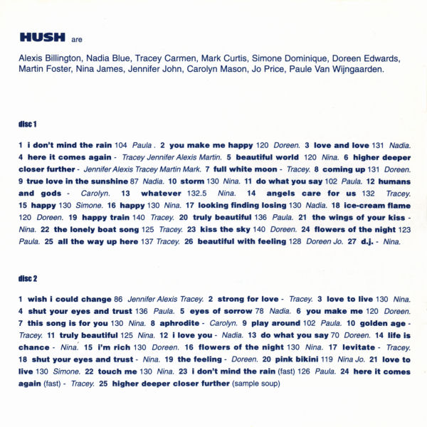 Hush - Acappellas - UK CD - Credits