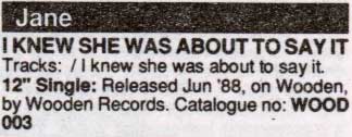 Jane - Lovely And Chicken - Release Date Details - Music Master Singles Catalogue - 1990 (page J12)