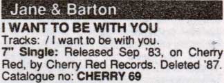 Jane and Barton - I Want to Be With You - Release Date Details - Music Master Singles Catalogue - 1990 (page J12)