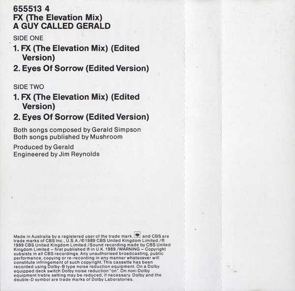 A Guy Called Gerald - FX (the elevation mix) - Australian Cassette Single - Back