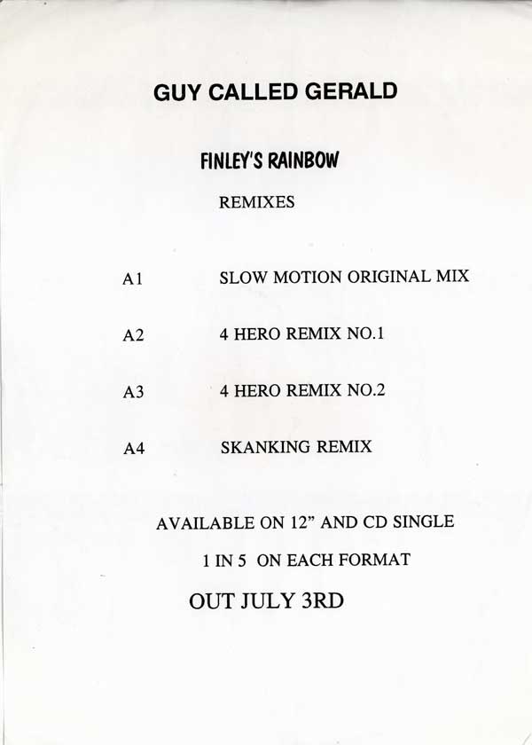 A Guy Called Gerald - Finleys Rainbow - Remixes - UK Promo 12" Single - Press Release 