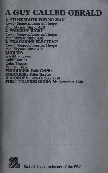 A Guy Called Gerald - The Peel Sessions - UK Cassette Single - Inner