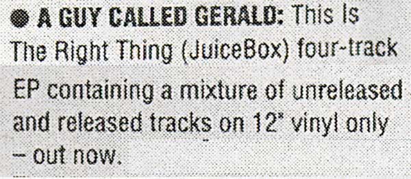 A Guy Called Gerald - Too Fucked To Dance - UK 12" Single - Release Date (NME, 1st May 1993)
