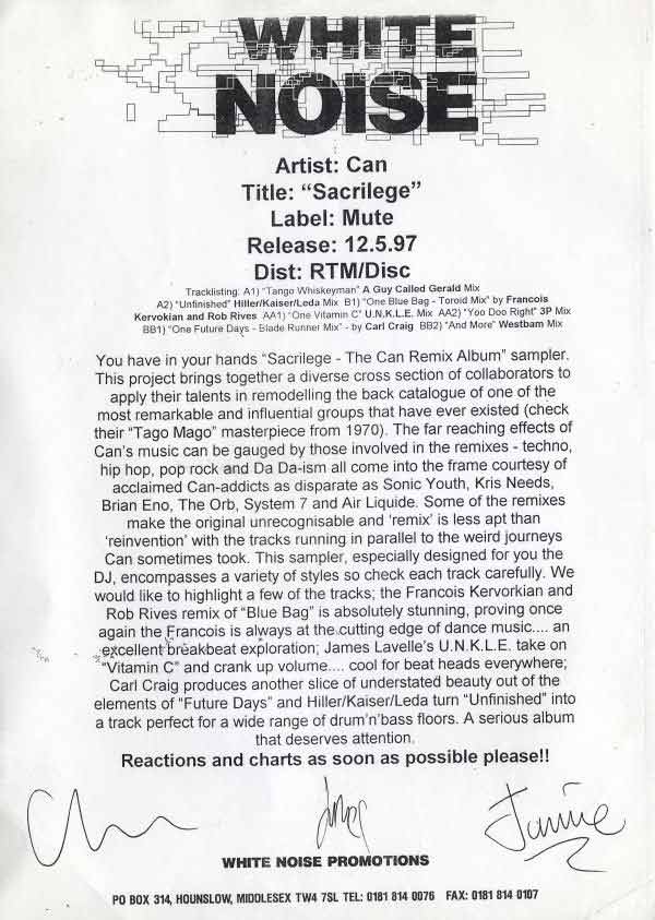 Can - Sacrilege - UK Promo 12" Single - Press Release