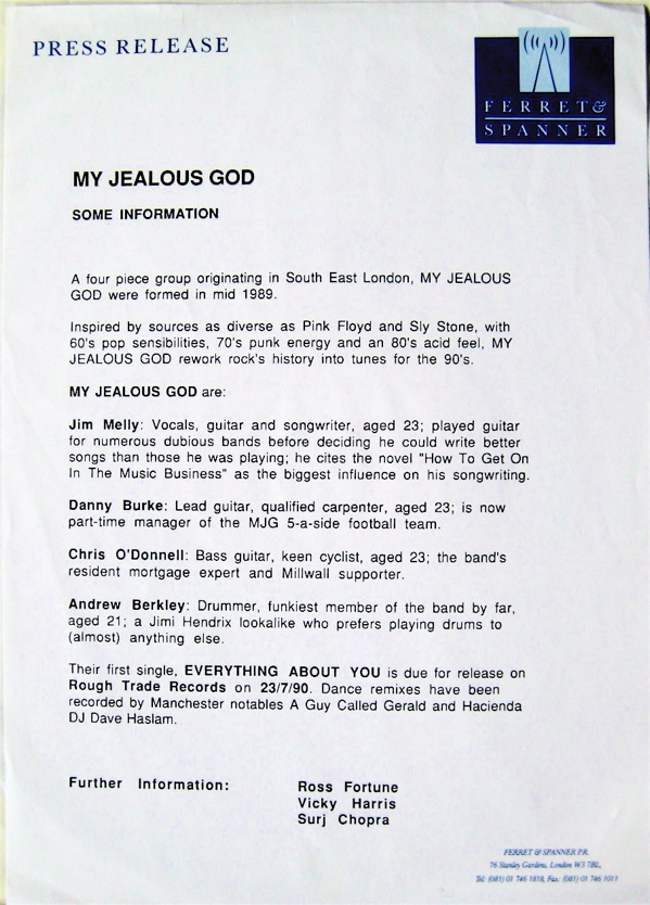My Jealous God - Everything About You - UK Promo 12" Single - Press Release