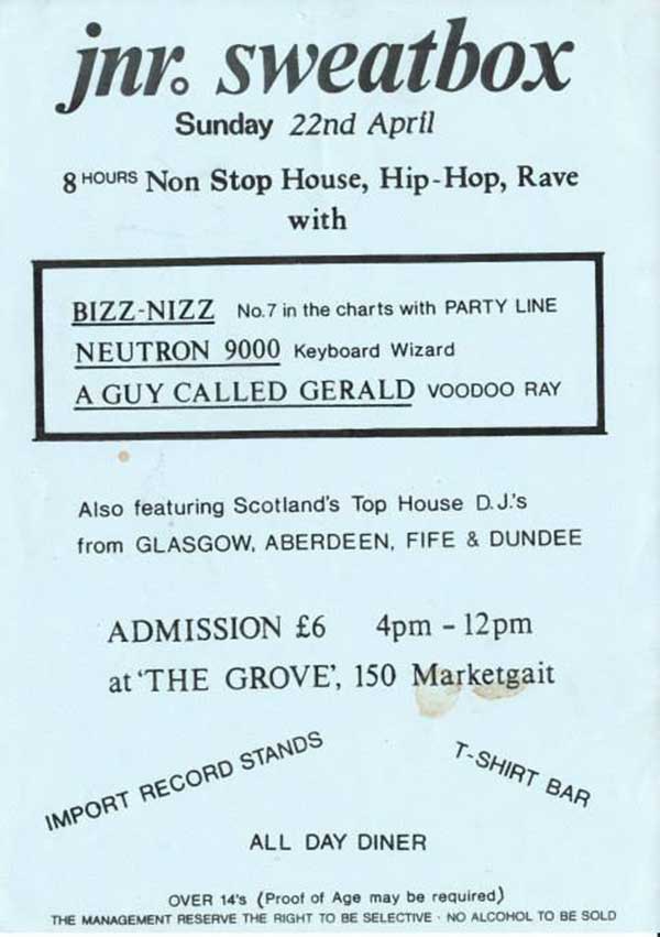 22 April: A Guy Called Gerald, Junior Sweatbox, The Grove, Marketgait, Dundee, Scotland