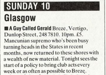 10 March: A Guy Called Gerald, Breze, Vertigo, Glasgow, Scotland