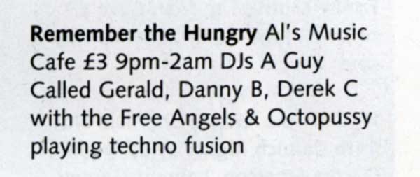 2 November: A Guy Called Gerald, Remember The Hungry, Al's Music Cafe, Oxford Road, Manchester