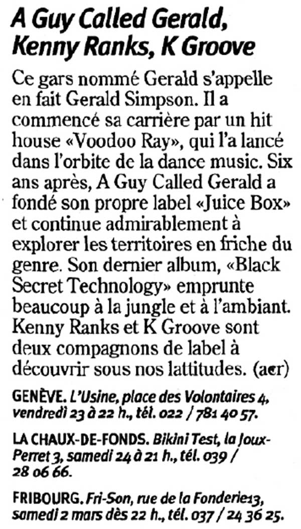 23 February: A Guy Called Gerald Live, Juice Box Jungle Party, Kab, L'Usine, Geneva, Switzerland