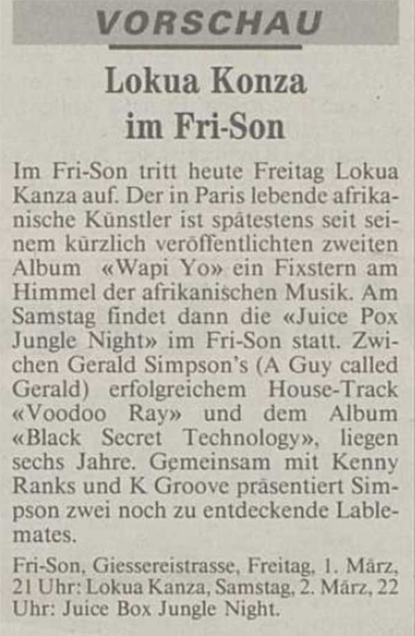 2 March: A Guy Called Gerald, Juice Box Jungle Night, Fri-Son, Fribourg, Switzerland