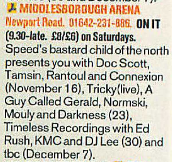 23 November: A Guy Called Gerald / Tricky, Middlesbrough Arena, Middlesbrough, England