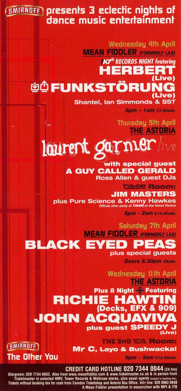 5 Apr: Laurent Garnier (Live) / A Guy Called Gerald, The Astoria, London, England