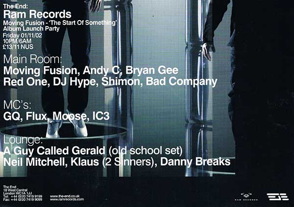 1 Nov: A Guy Called Gerald, RAM Records / Moving Fusion Album Launch Party, The End, London, England