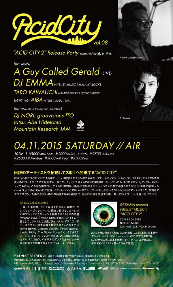 11 April: A Guy Called Gerald, Acid City Vol. 08, Air, Tokyo, Japan