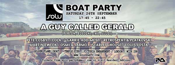 26 September: A Guy Called Gerald, Solu Boat Party, Golden Flame Boat, Temple Pier, Victoria Embankment, London, England