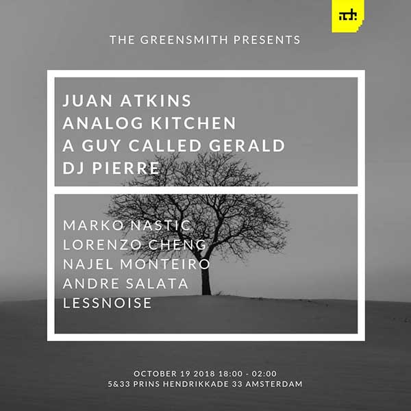 19 October: A Guy Called Gerald, Greensmith ADE Showcase, ADE 2018, 5&33, Amsterdam, The Netherlands