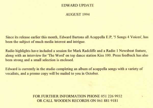 Edward Barton - Fives Songs Sung By Four Voices - UK - 12" Single - Press Release