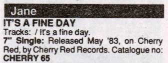 Jane - It's A Fine Day - Release Date Details - Music Master Singles Catalogue - 1990 (page J12)