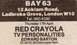 Red Crayola / TV Personalities / Edward Barton, Bay 63, London, England