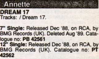 Annette - Dream 17 - Release Date Details - Music Master Singles Catalogue - 1990 (page A23)