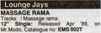 Lounge Jays - Massage-A-Rama - Release Date Details - Music Master Singles Catalogue - 1990 (page L37)