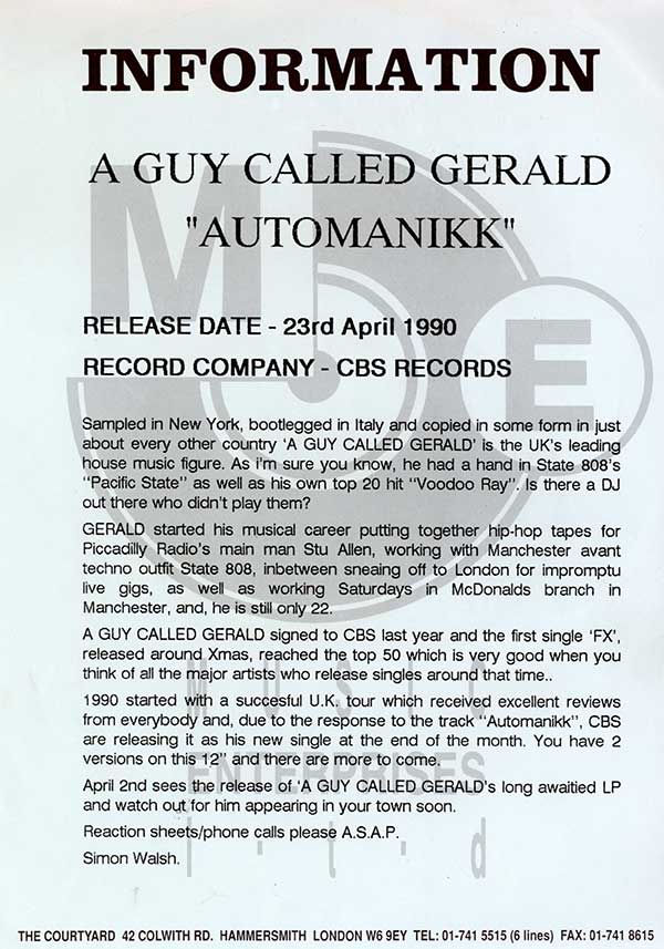 A Guy Called Gerald - Automanikk (Live Gun Shot Mix) - UK Promo 12" Single - Press Release