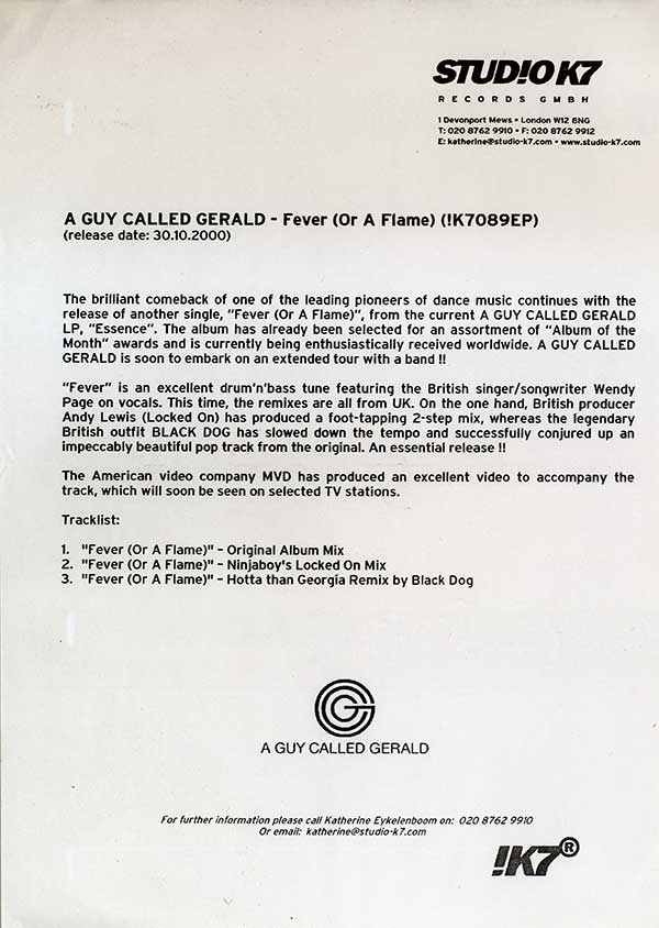 A Guy Called Gerald - Fever - UK Press Release