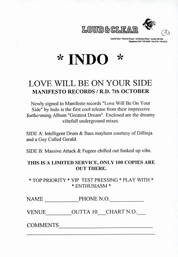 Indo Aminata - Love Will Be On Your Side - UK Promo 12" Single - Press Release