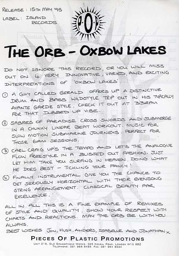 Orb - Oxbow Lakes - UK 2x12" Promo Single - Press Release