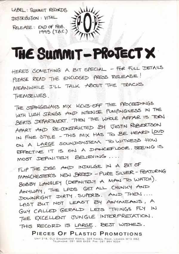 Pro-ject X - The Summit - UK Promo 12" Single - Press Release