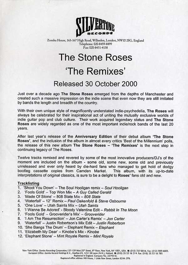 The Stone Roses - The Remixes - UK White-Label Promo 2xLP - Press Release