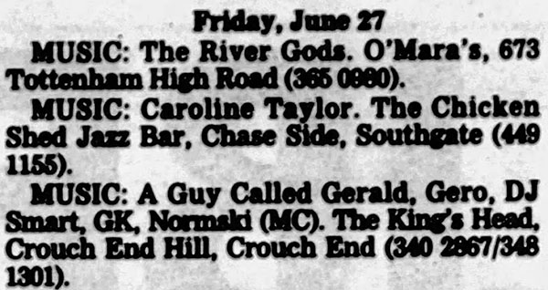 27 June: A Guy Called Gerald, The King's Head, Crouch End, London, England